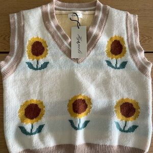 Source Unknown Sunflower Knit Vest - White and Brown
